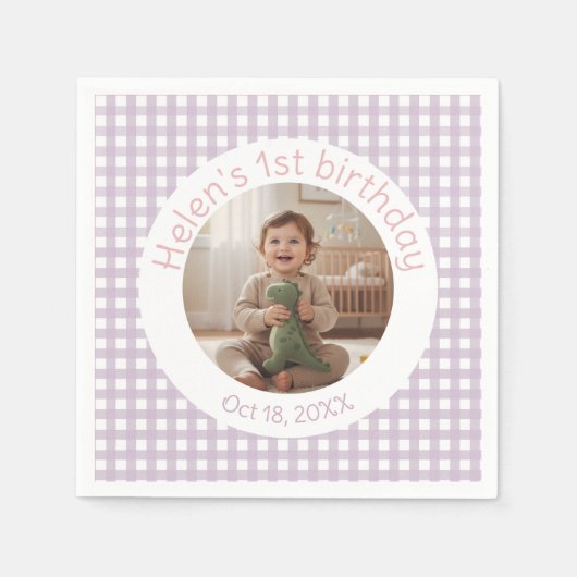 Personalized Lavender Gingham Birthday Photo Servet (Voorkant)