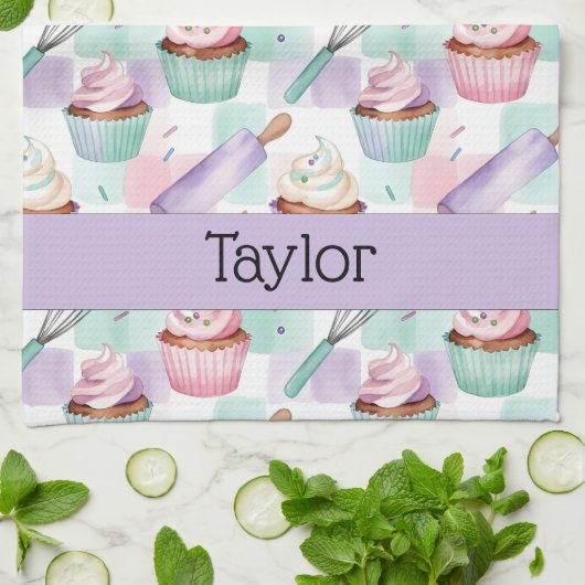Personalized Lavender Teal Cupcake Pattern Theedoek (Gevouwen)