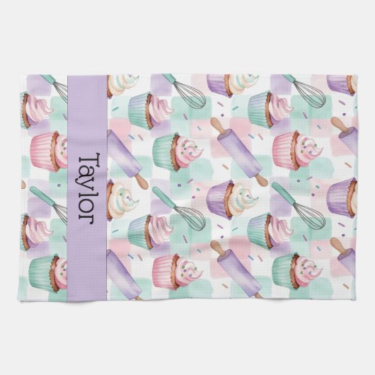 Personalized Lavender Teal Cupcake Pattern Theedoek (Horizontaal)
