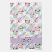 Personalized Lavender Teal Cupcake Pattern Theedoek (Verticaal)