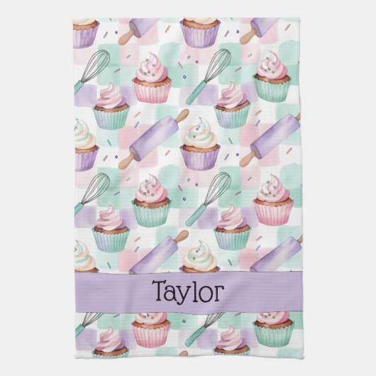 Personalized Lavender Teal Cupcake Pattern Theedoek (Verticaal)