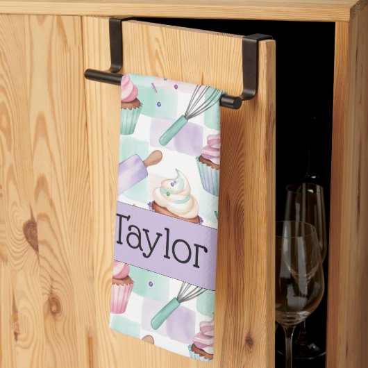 Personalized Lavender Teal Cupcake Pattern Theedoek (Derde Gevouwen)