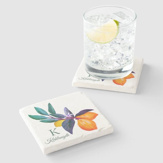 Personalized Lemon Leaf Citrus | Monogram & Name Stenen Onderzetter (Zijkant)