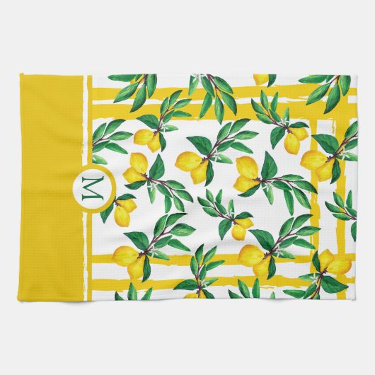 Personalized Lemon Leaf Monogram Kitchen Towels Theedoek (Horizontaal)