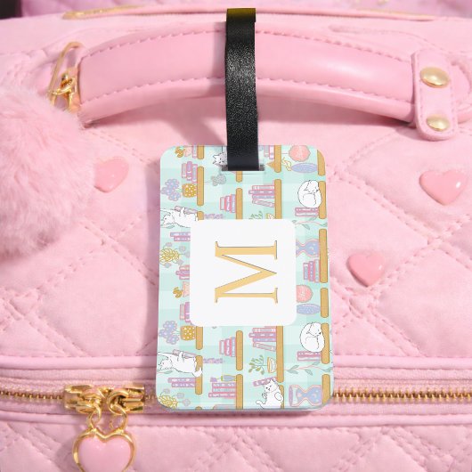 Personalized Letter Cats Library Book Girl Green Bagagelabel