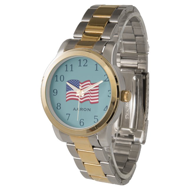 Personalized Light Blue American Flag Watch Horloge (Gekanteld)