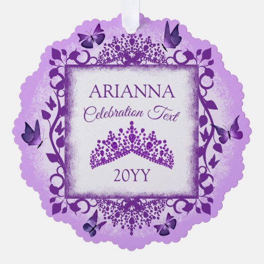 Personalized Lilac Purple Tiara & Butterflies Ornament Kaart (Voorkant)