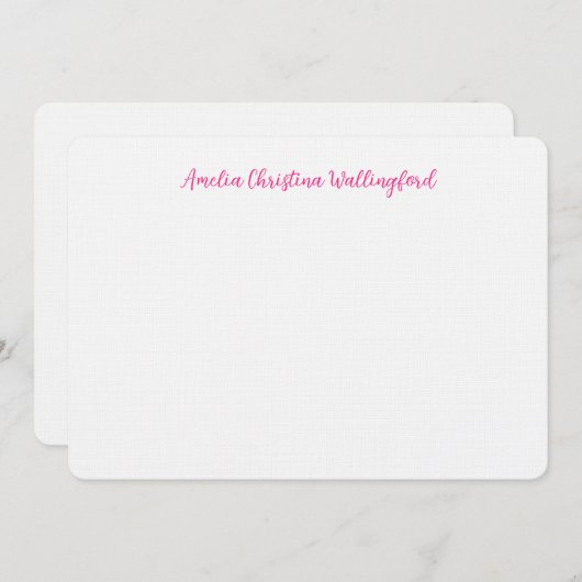 Personalized Linen Flat Note Card White and Pink Notitiekaartje (Voorkant / Achterkant)
