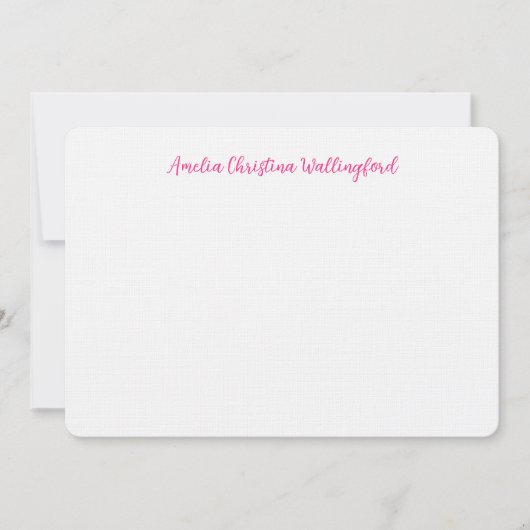Personalized Linen Flat Note Card White and Pink Notitiekaartje (Voorkant)
