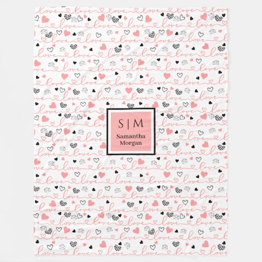 Personalized Love Gift Blanket Pink Black Hearts Fleece Deken (Voorkant)