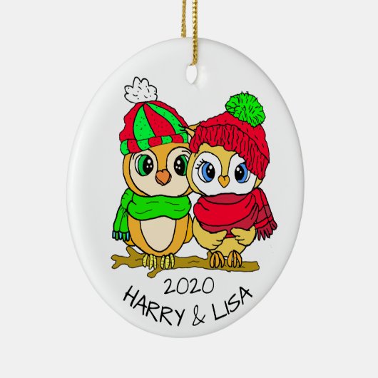 Personalized Lovebirds Owls Christmas Keramisch Ornament (Rechts)