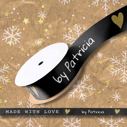 Personalized Made With Love Black And Gold Heart  Satijnen Lint