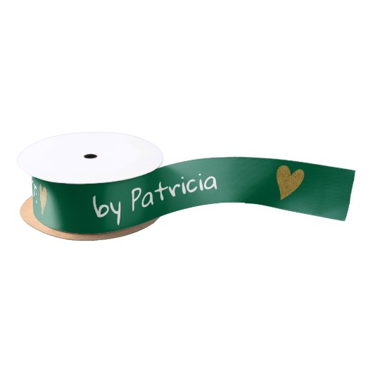 Personalized Made With Love Green And Gold Heart   Satijnen Lint (Spoel)