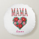 Personalized Mama Heart Floral Custom Gift Rond Kussen<br><div class="desc">This beautiful Personalized Custom Mama Heart Floral design features colorful folk-style flowers arranged in a vibrant heart under the word MAMA. The bright embroidery-inspired artwork creates a warm, joyful look that celebrates the love of motherhood. You can personalize this design by adding a custom name, making it a unique and...</div>
