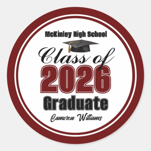 Personalized Maroon Class of 2026 Graduation Party Ronde Sticker (Voorkant)