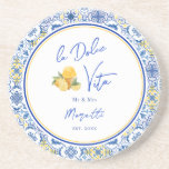 Personalized Mediterranean Tile Newlywed Home Zandsteen Onderzetter<br><div class="desc">A sand stone coaster for newlywed's home featuring Mediterranean tile patterns, elegant script calligraphy, and a playful watercolor gelato ice cream design. Inspired by Italian coastal home decor and the sunny charm of the Amalfi Coast, this modern stylish barware captures the spirit of la dolce vita with bright blue and...</div>