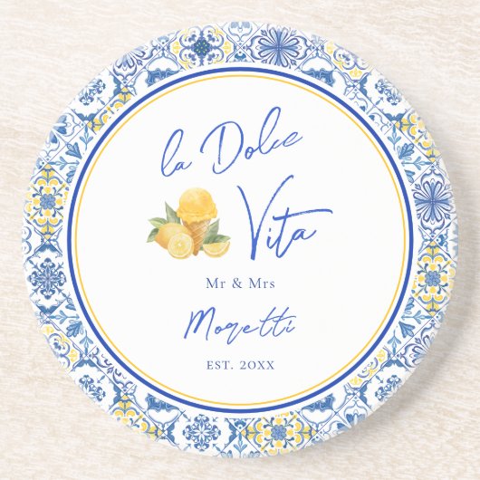 Personalized Mediterranean Tile Newlywed Home Zandsteen Onderzetter (Voorkant)