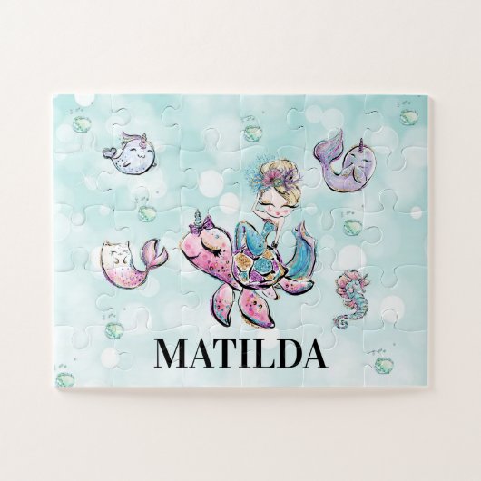Personalized mermaid & sea animal puzzle for girl legpuzzel (Horizontaal)