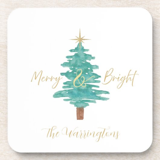 Personalized "Merry and Bright" Watercolor Tree Bier Onderzetter (Voorkant)