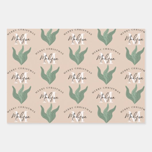 Personalized Merry Christmas Boho Leaves Monogram  Inpakpapier Vel (Voorkant)