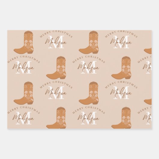 Personalized Merry Christmas Cowboy Boots Monogram Inpakpapier Vel (Voorkant 2)