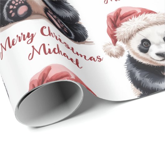 Personalized Merry Christmas Cute Panda Bear Cadeaupapier (Rol Hoek)