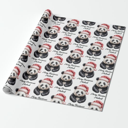 Personalized Merry Christmas Cute Panda Bear Cadeaupapier (Uitgerold)