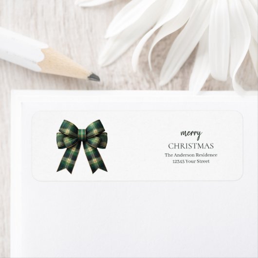 Personalized Merry Christmas | Green Plaid Bow Etiket (Insitu)