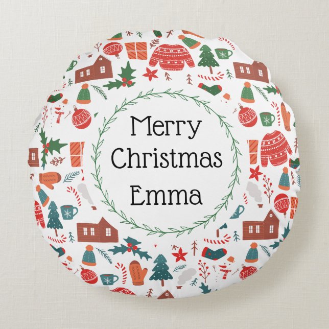 Personalized Merry Christmas Name Holiday Pillow Rond Kussen (Voorkant)