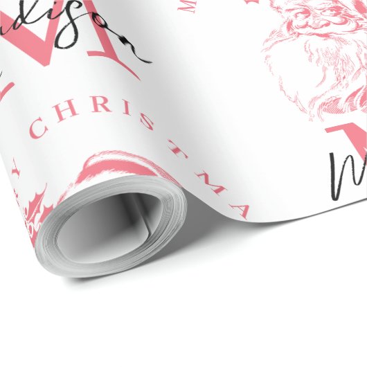 Personalized Merry Christmas Pink Santa Monogram Cadeaupapier (Rol Hoek)