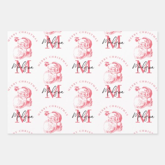 Personalized Merry Christmas Pink Santa Monogram Inpakpapier Vel (Voorkant 2)