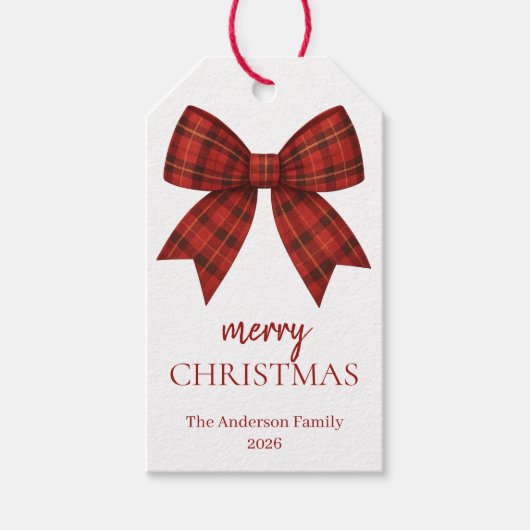 Personalized Merry Christmas | Red Plaid Bow Cadeaulabel (Voorkant)