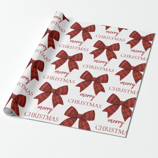 Personalized Merry Christmas | Red Plaid Bow Cadeaupapier (Uitgerold)