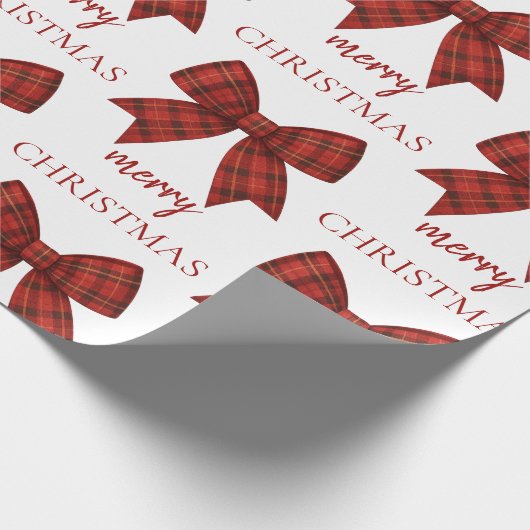 Personalized Merry Christmas | Red Plaid Bow Cadeaupapier (Hoek)