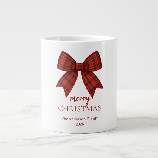 Personalized Merry Christmas | Red Plaid Bow Grote Koffiekop (Voorkant)