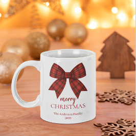 Personalized Merry Christmas | Red Plaid Bow Grote Koffiekop