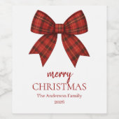 Personalized Merry Christmas | Red Plaid Bow Wijn Etiket (Enkel label)