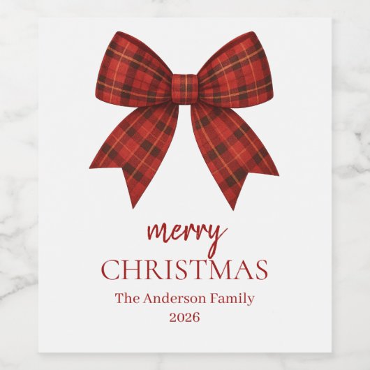 Personalized Merry Christmas | Red Plaid Bow Wijn Etiket (Enkel label)