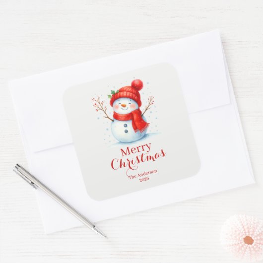Personalized Merry Christmas Snowman Custom Year Vierkante Sticker (Envelop)