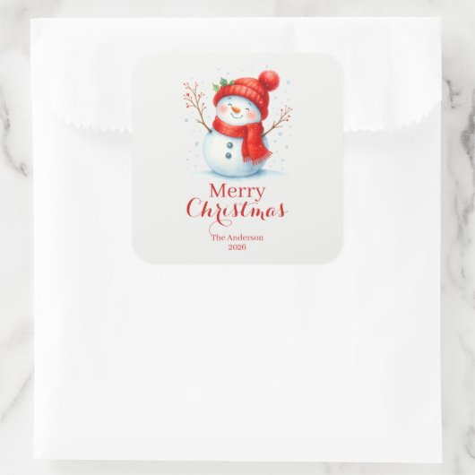 Personalized Merry Christmas Snowman Custom Year  Vierkante Sticker (Tas)