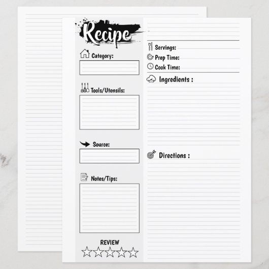 Personalized Minimal Basic Blank Recipe Page Sheet (Voorkant / Achterkant)