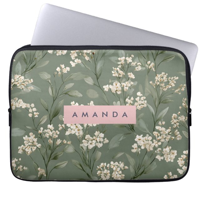 Personalized Minimalist Sage Floral Art  Laptop Sleeve (Voorkant)