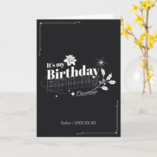 Personalized Modern Black Floral December Birthday Kaart (Gele Bloem)
