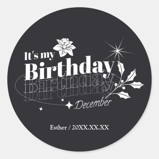 Personalized Modern Black Floral December Birthday Ronde Sticker (Voorkant)