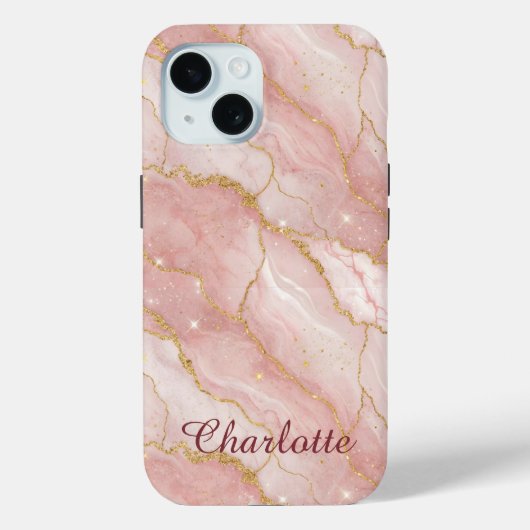 Personalized Modern Rose Quartz Marble Gold Case-Mate iPhone Case (Achterkant)