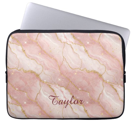 Personalized Modern Rose Quartz Marble Gold Glitte Laptop Sleeve (Voorkant)
