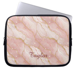 Personalized Modern Rose Quartz Marble Gold Glitte Laptop Sleeve