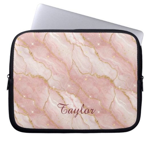 Personalized Modern Rose Quartz Marble Gold Glitte Laptop Sleeve (Voorkant)