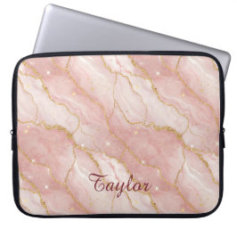 Personalized Modern Rose Quartz Marble Gold Glitte Laptop Sleeve