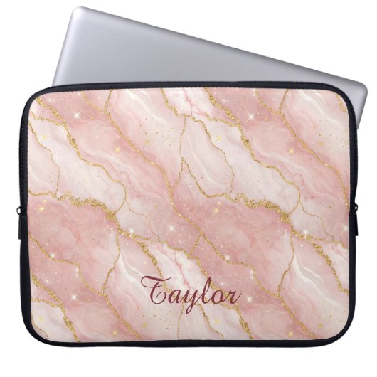 Personalized Modern Rose Quartz Marble Gold Glitte Laptop Sleeve (Voorkant)